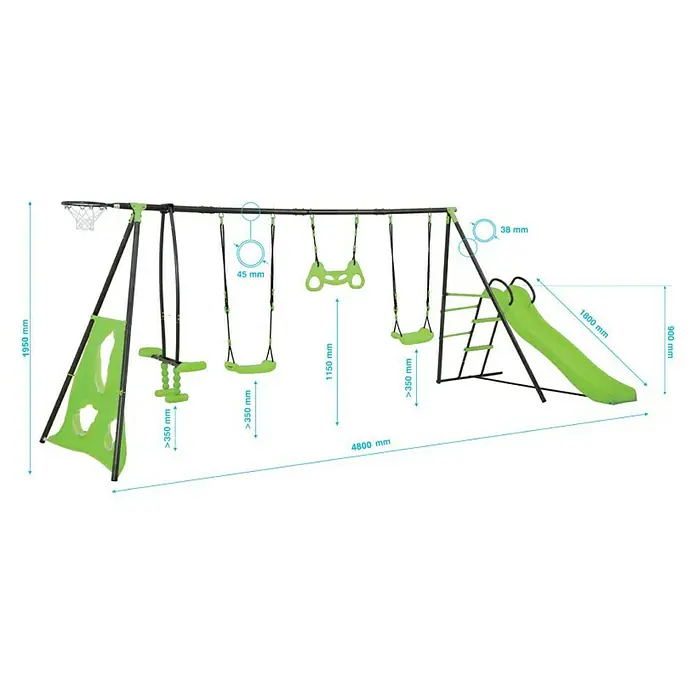 Kinderspielturm Maks II - L x B x H: 480 x 185 x 195 cm, Hellgrün - Abbildung eines grünen und schwarzen Kinderspielplatzes mit Schaukeln, Rutsche und Basketballkorb, mit Maßangaben versehen.