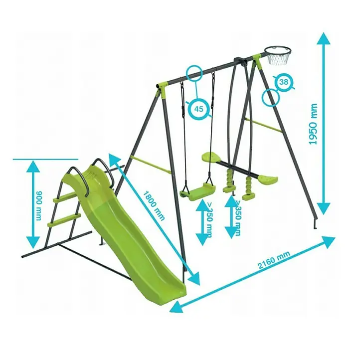 Kinderspielturm Thymek II - L x B x H: 230 x 150 x 195 cm, Hellgrün - Abbildung eines bunten Spielplatzes mit Rutsche, Schaukel und Basketballkorb, der zum aktiven Spielen im Freien einlädt.