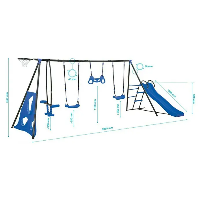 Kinderspielturm Maks II - L x B x H: 480 x 185 x 195 cm, Blau - Abbildung eines blauen und schwarzen Kinderspielplatzes mit Schaukeln, Rutsche und Basketballkorb mit Größenangaben in Millimetern.