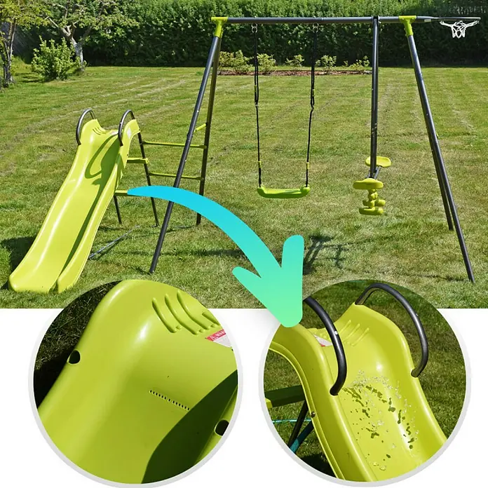 Kinderspielturm Thymek II - L x B x H: 230 x 150 x 195 cm, Hellgrün - Nahaufnahme der grünen Kinderrutsche mit Stahlgestell für Spielplatz oder Garten. Ideal für stundenlangen Spielspaß im Freien.