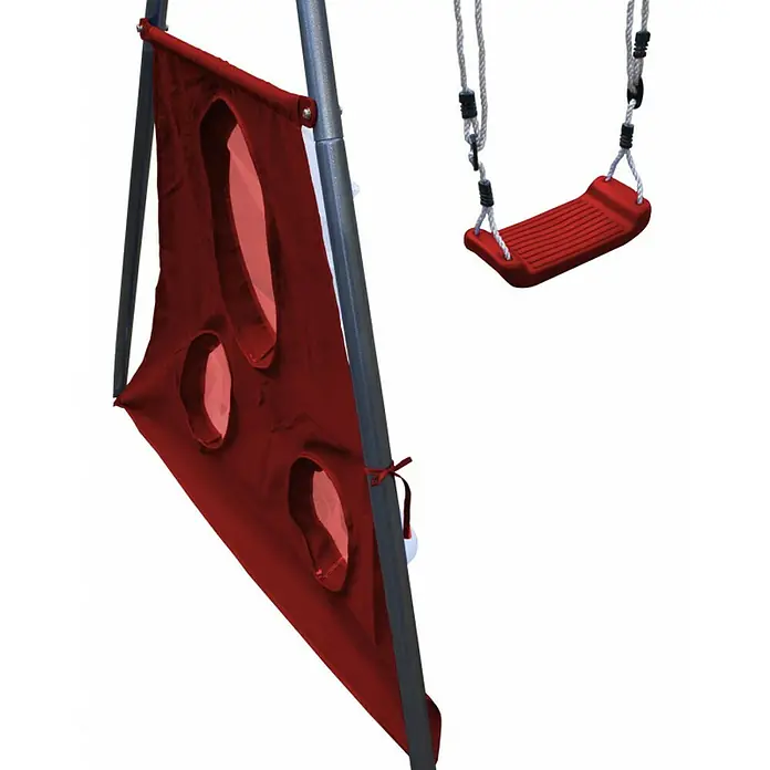 Kinderspielturm Maks II - L x B x H: 480 x 185 x 195 cm, Rot - Ein rotes Spielhaus-Element mit Löchern und eine rote Schaukel, beide Teile eines Spielplatzsets.