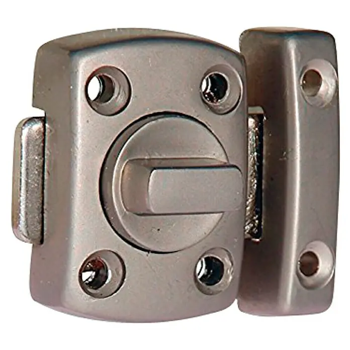 Abus Pestillo deslizante DRD30 - Puerta interior, Níquel - Primer plano de un cerrojo de puerta plateado. Un cerrojo resistente para mayor seguridad, ideal para puertas de baño o dormitorio.