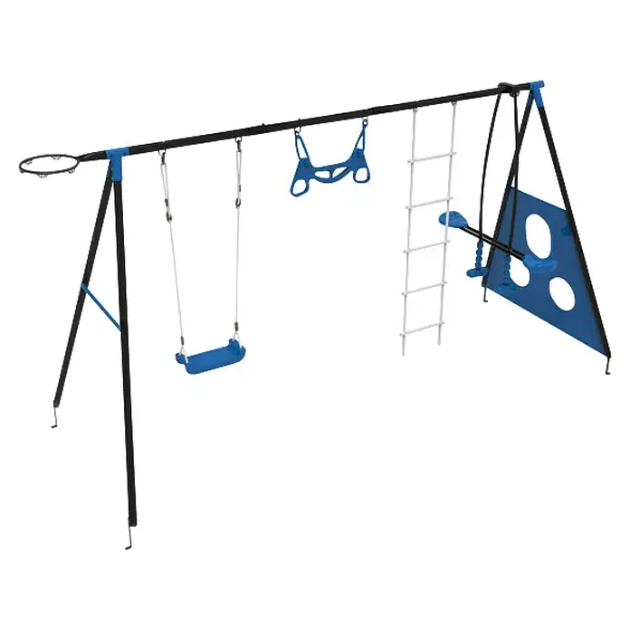 Kinderspielturm Allan II - L x B x H: 150 x 400 x 195 cm, Blau - Ansicht eines schwarzen und blauen Schaukelsets, das eine Vielzahl von Aktivitäten für Kinder bietet.