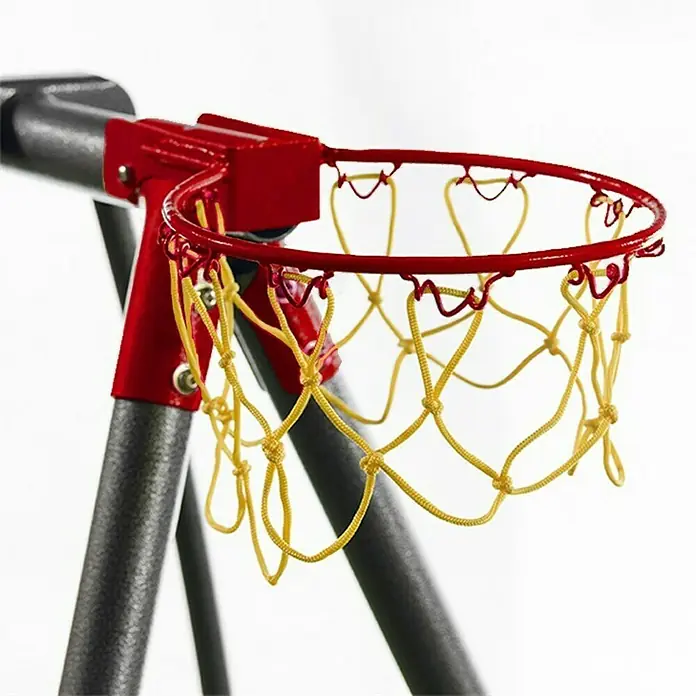 Kinderspielturm Olaf - L x B x H: 339 x 468 x 265 cm, Rot - Nahaufnahme eines roten Basketballkorbs mit gelbem Netz, montiert an einem dunklen Ständer, ideal für kleine Basketballfans.