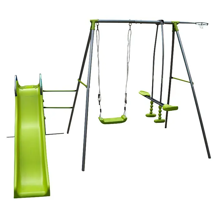 Kinderspielturm Thymek II - L x B x H: 230 x 150 x 195 cm, Hellgrün - Ein farbenfroher Kinderspielplatz mit Rutsche und Schaukeln. Dieses Spielset bietet stundenlangen Spaß im Freien und fördert die aktive Erholung.