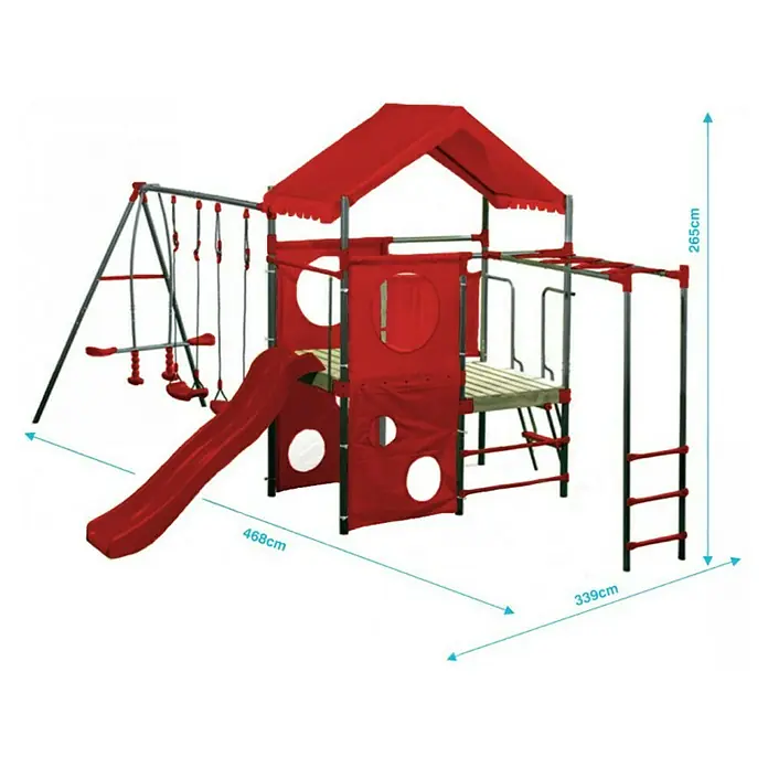 Kinderspielturm Olaf - L x B x H: 339 x 468 x 265 cm, Rot - Roter Spielplatz mit Schaukeln, Rutsche, Klettergerüst und Spielhaus. Das Spielgerät bietet vielfältige Spielmöglichkeiten für Kinder im Freien.