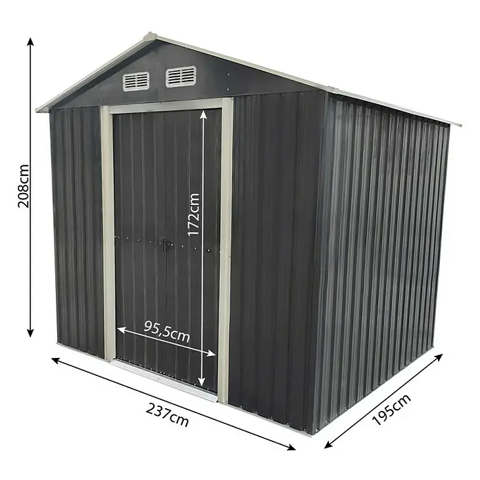 Gerätehaus - Außenmaß inkl. Dachüberstand (B x T): 237 x 195 cm, Firsthöhe: 2,08 m, Stahl, Anthrazit - Abbildung eines Metall-Gartenschuppens mit den Maßen 208 cm Höhe, 237 cm Breite und 195 cm Tiefe. Die Tür ist 172 cm hoch und 95,5 cm breit.