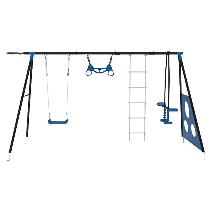 Kinderspielturm Allan II - L x B x H: 150 x 400 x 195 cm, Blau - Eine blaue und graue Turngerätekonstruktion für Kinder, die zum Spielen und Klettern im Freien entwickelt wurde.