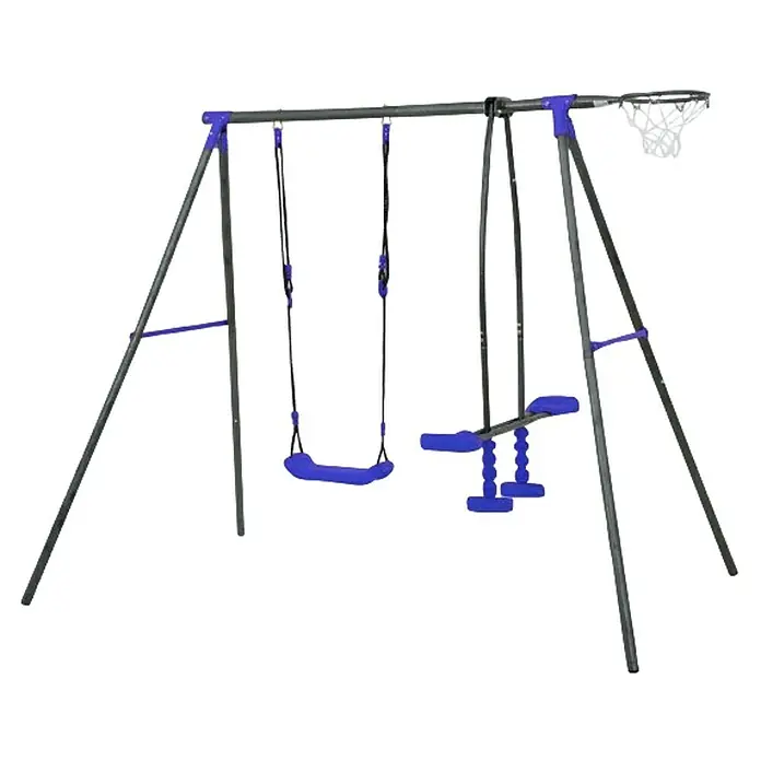 Kinderspielturm Aleks II - L x B x H: 180 x 216 x 195 cm, Blau - Metallschaukelgestell mit Schaukeln, Basketballkorb und Klettergerüst in Blau und Grau. Ideal für den Garten.