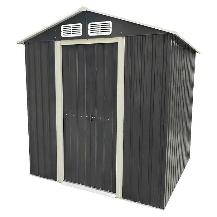 Gerätehaus - Außenmaß inkl. Dachüberstand (B x T): 194 x 174 cm, Firsthöhe: 2,02 m, Stahl, Anthrazit - Eine geräumige, dunkelgraue Metallgartenlaube mit Doppeltüren und einem Dach mit Belüftungselementen.