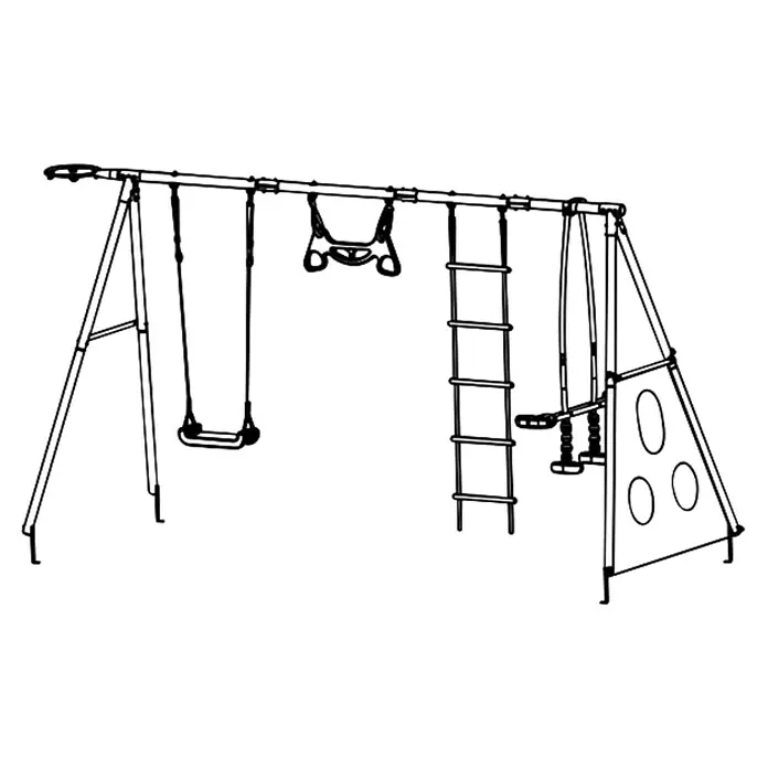 Kinderspielturm Allan II - L x B x H: 150 x 400 x 195 cm, Rot - Abbildung eines Klettergerüsts für Kinder, das Schaukeln, eine Leiter und Kletterringe bietet und stundenlangen Spaß im Freien verspricht.