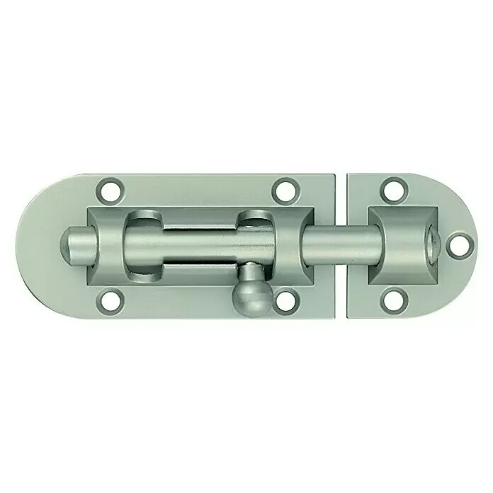 Abus Pestillo deslizante SRD70 - Puerta interior, Níquel - Cerrojo de barril cromado satinado para puertas, mostrado en posición extendida con orificios de montaje.