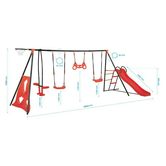 Kinderspielturm Maks II - L x B x H: 480 x 185 x 195 cm, Rot - Detailansicht eines farbenfrohen Kinderspielplatzes mit Schaukeln, Rutsche und Basketballkorb, ideal für stundenlangen Spielspaß im Freien.