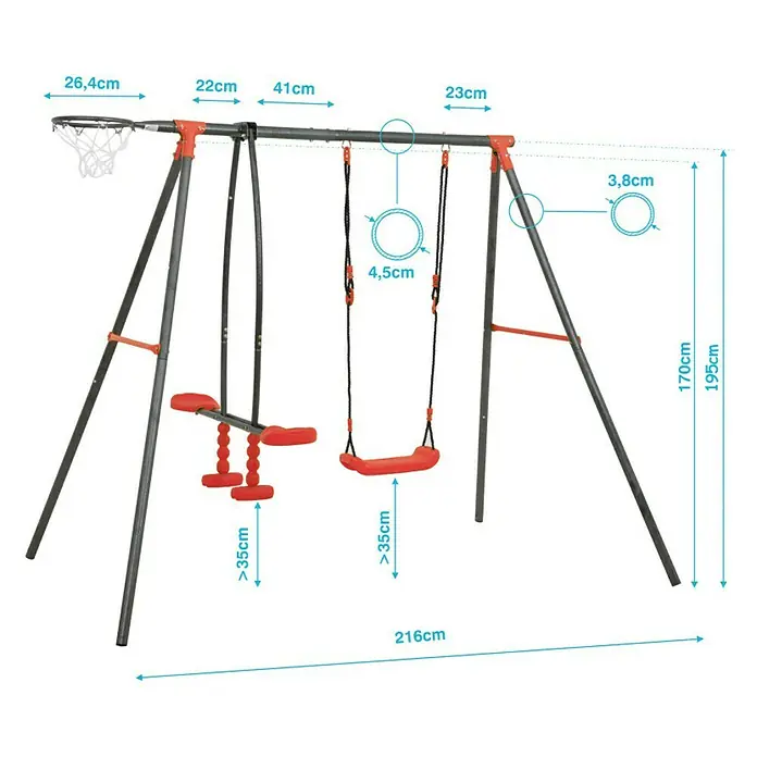 Kinderspielturm Aleks II - L x B x H: 180 x 216 x 195 cm, Rot - Abbildung eines Outdoor-Spielsets mit Schaukeln, Basketballkorb und diversen Abmessungen zur Orientierung.