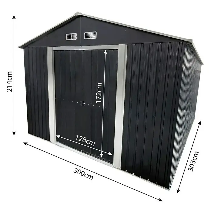 Gerätehaus - Außenmaß inkl. Dachüberstand (B x T): 300 x 303 cm, Firsthöhe: 2,14 m, Stahl, Anthrazit - Ein geräumiges, schwarzes Metallgartenhaus mit den Maßen 300x303x214 cm und einer Tür von 128x172 cm.
