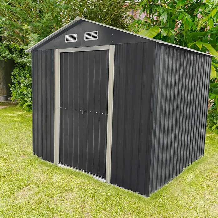Gerätehaus - Außenmaß inkl. Dachüberstand (B x T): 237 x 195 cm, Firsthöhe: 2,08 m, Stahl, Anthrazit - Ein geräumiger, anthrazitfarbener Geräteschuppen mit Doppeltür und Entlüftung, ideal für die Gartenaufbewahrung.