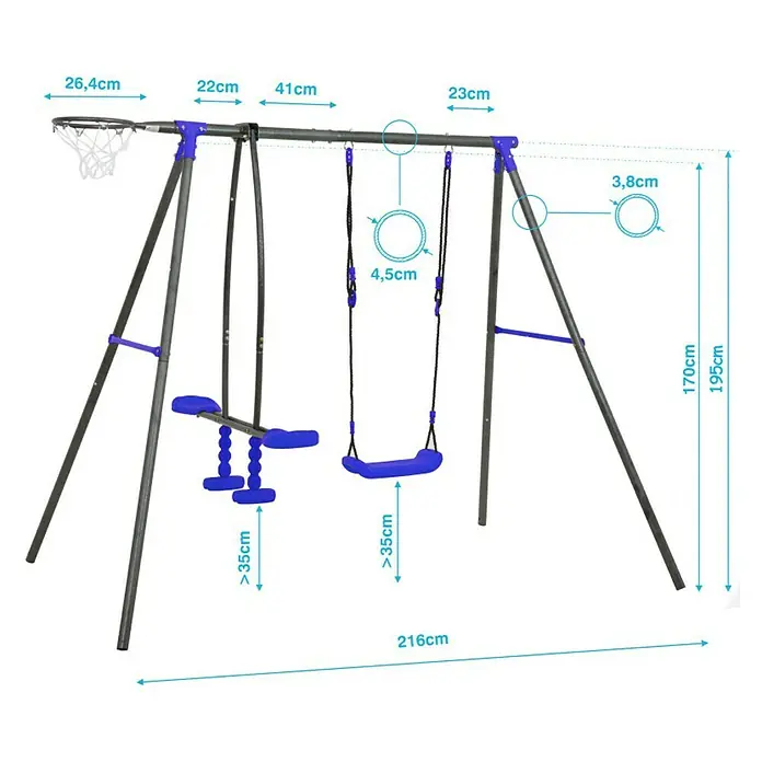 Kinderspielturm Aleks II - L x B x H: 180 x 216 x 195 cm, Blau - Abbildung eines Schaukelgestells mit Basketballkorb, das die Maße des Produkts und seine Abmessungen zeigt.