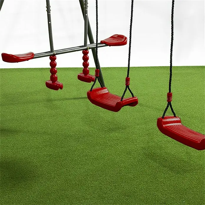 Kinderspielturm Olaf - L x B x H: 339 x 468 x 265 cm, Rot - Rote Schaukelgarnitur mit zwei Schaukelsitzen und einer Wippe für Kinder zum Spielen im Freien.