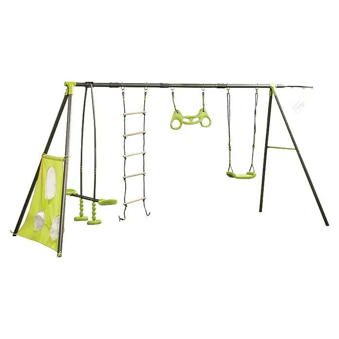 Kinderspielturm Allan II - L x B x H: 150 x 400 x 195 cm, Hellgrün - Abenteuerlicher Spielplatz mit Schaukel, Kletterleiter und lustigem Zelt. Ideal für stundenlangen Spaß im Garten.