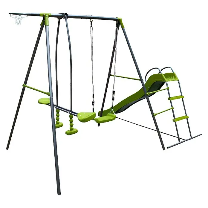 Kinderspielturm Thymek II - L x B x H: 230 x 150 x 195 cm, Hellgrün - Spielplatzgerät mit Schaukeln, Rutsche und Klettergerüst in Grün und Grau für stundenlangen Spielspaß im Freien.