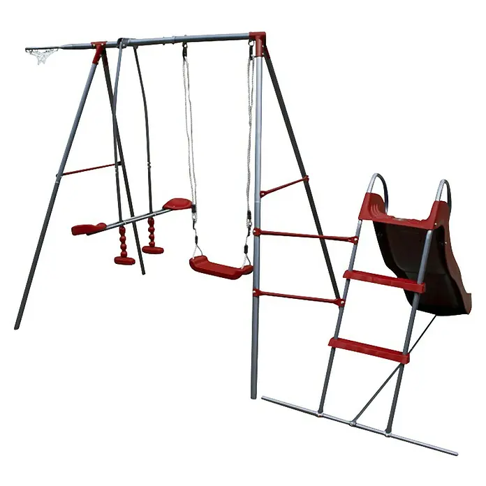 Kinderspielturm Thymek II - L x B x H: 230 x 150 x 195 cm, Rot - Ein farbenfroher Spielplatz mit einer Rutsche, Schaukeln und Klettergerüsten, ideal für stundenlangen Spaß im Freien.