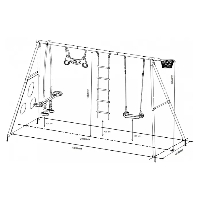 Kinderspielturm Allan II - L x B x H: 150 x 400 x 195 cm, Hellgrün - Skizze einer Schaukel mit Basketballkorb, Kletterleiter und Doppelschaukel. Ideal für Kinder, bietet vielfältige Spielmöglichkeiten im Garten.