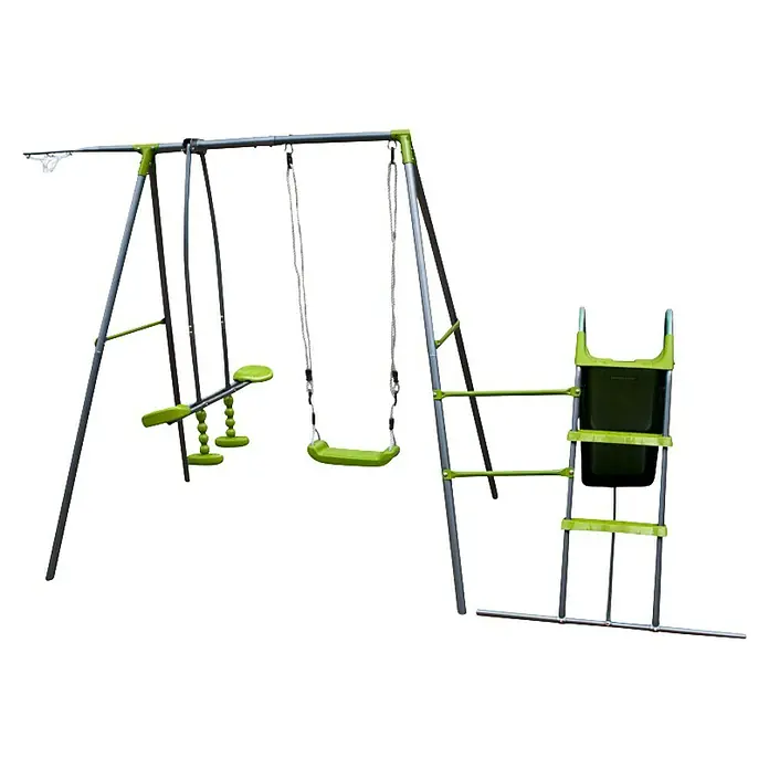 Kinderspielturm Thymek II - L x B x H: 230 x 150 x 195 cm, Hellgrün - Bild eines multifunktionalen Spielgerüsts mit Schaukel, Kletterwand und Rutsche, perfekt für den Garten.