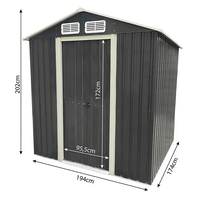 Gerätehaus - Außenmaß inkl. Dachüberstand (B x T): 194 x 174 cm, Firsthöhe: 2,02 m, Stahl, Anthrazit - Abbildung eines grauen Metall-Geräteschuppens mit den Maßen 194cm x 174cm x 202cm und einer Türbreite von 95,5cm und Türhöhe von 172cm.