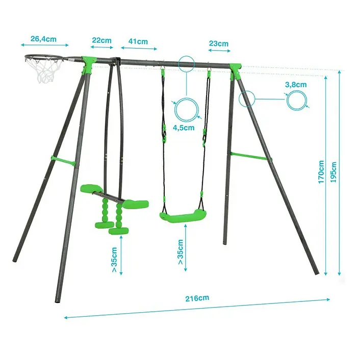 Kinderspielturm Aleks II - L x B x H: 180 x 216 x 195 cm, Hellgrün - Produktbild eines grauen Schaukelgestells mit grünen Akzenten, inklusive Basketballkorb und verschiedenen Schaukeloptionen.