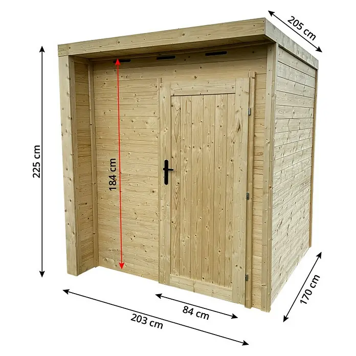 Gerätehaus - Außenbreite inkl. Dachüberstand: 203 cm, Außentiefe inkl. Dachüberstand: 270 cm, Holz, Natur - Natürliches Holz-Gartenhaus mit Tür und Belüftung, mit mehreren Maßangaben zur Größenreferenz.