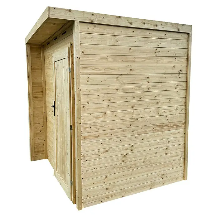Gerätehaus - Außenbreite inkl. Dachüberstand: 203 cm, Außentiefe inkl. Dachüberstand: 270 cm, Holz, Natur - Heller Holzschuppen aus Naturholz mit Pultdach und Einzeltür.