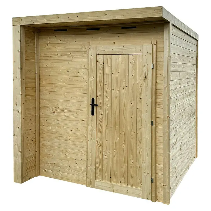 Gerätehaus - Außenbreite inkl. Dachüberstand: 203 cm, Außentiefe inkl. Dachüberstand: 270 cm, Holz, Natur - Gartenhaus aus hellem Naturholz mit Einzeltür, schwarzem Griff und Flachdach.