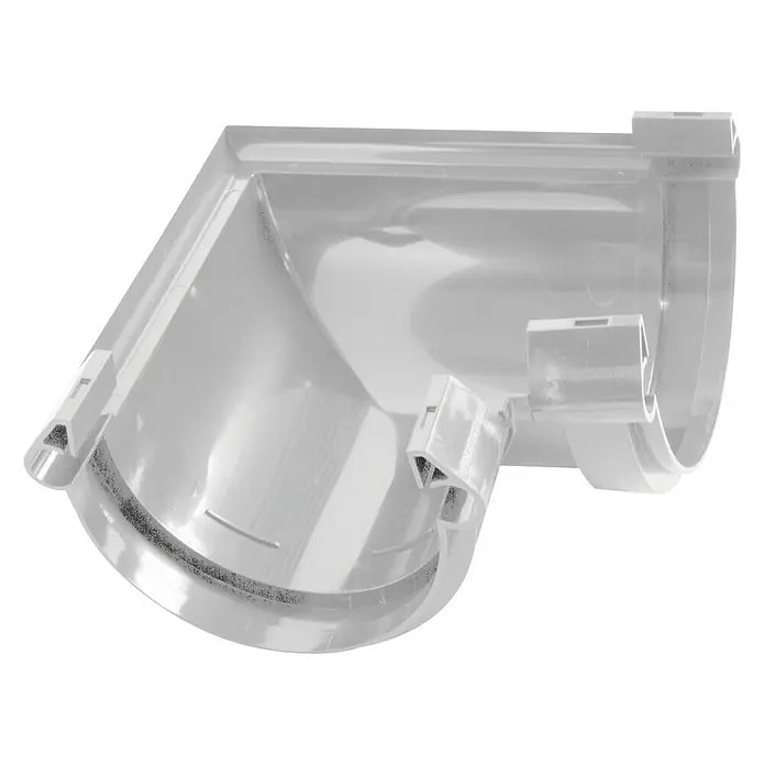 Dakota Codo angular Gris para Canalón G-125 - Diámetro: 125 mm - Foto detallada de una esquina de canaleta blanca, destacando su construcción y diseño para instalaciones de canalones.