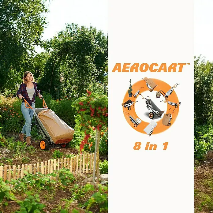 Worx Bauschubkarre Aerocart Multifunktion 8-in-1 - 75 l, Stahl, Traglast: 136 kg - Frau schiebt einen Aerocart Mehrzweck-Tragekarren mit Sack durch den Garten.