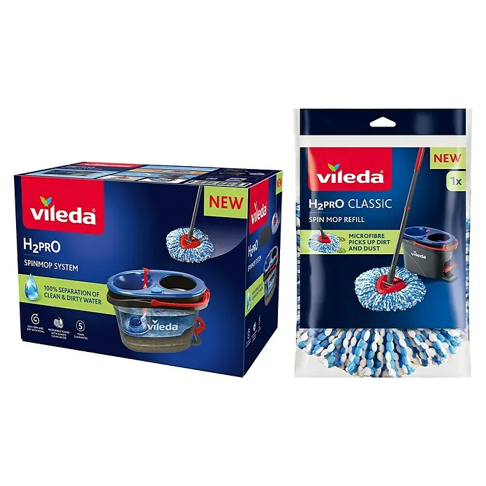 Vileda Bodenwisch-Set H2PRO Spin Mop System - 4 -tlg., 1 x Eimer mit 2-Tanksystem und Powerschleuder, 1 x Teleskopstiel, 2 x Wischmopp-Kopf - Vileda H2Pro Wischmopp-System in Box und H2Pro Classic Wischmopp-Nachfüllpackung, beide mit blau-weißen Mikrofaser-Moppköpfen und Eimern.