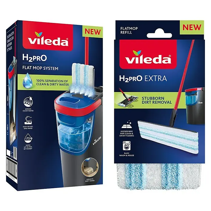Vileda Bodenwisch-Set H2PRO Flat Mop System - 4 -tlg., 1 x Flachwischer, 1 x Eimer mit Zweitanksystem, 2 x Wischbezug - Zwei Vileda H2Pro Flachwischmopp-System-Pakete. Eines zeigt Mopp und Eimer mit separatem Rein-/Schmutzwasser, das andere einen Mopp-Nachfüllpack.