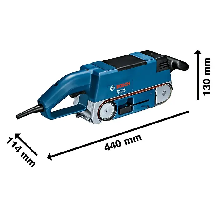 Bosch Professional Elektro-Bandschleifmaschine GBS 75 AE - 750 W, 200 m/min - 330 m/min - Das Bild zeigt einen blauen Bosch GBS 75 AE Bandschleifer mit den Maßen 440 mm Länge, 114 mm Breite und 130 mm Höhe.