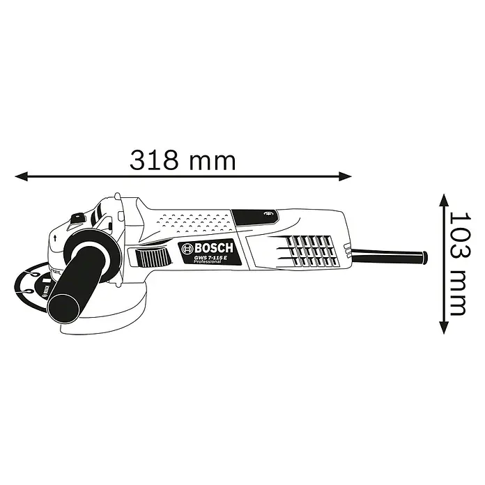 Bosch Professional Elektro-Winkelschleifer GWS 7-115 E - 720 W, Durchmesser Scheibe: 115 mm, Leerlaufdrehzahl: 2.800 U/min - 11.000 U/min - Abbildung des Winkelschleifers Bosch GWS 7-115 E Professional mit den Abmessungen 318 mm Länge und 103 mm Höhe.