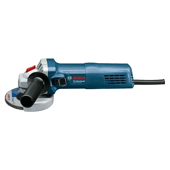 Bosch Professional Elektro-Winkelschleifer GWS 750 - 125 mm, Leerlaufdrehzahl: 11.000 U/min - Abbildung eines blauen Bosch GWS 750-125 Winkelschleifers mit schwarzem Griff und Metallscheibe zum Schneiden oder Schleifen von Materialien.