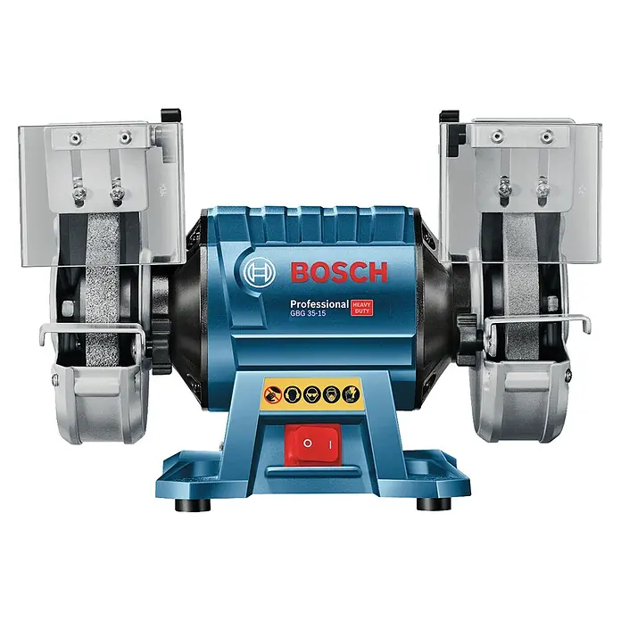 Bosch Professional Elektro-Doppelschleifer GBG 35-15 - 350 W, 3.000 U/min - Das Bild zeigt eine Bosch GBG 35-15 Tischschleifmaschine, ideal für Werkstattarbeiten. Robustes Design für anspruchsvolle Schleifaufgaben.