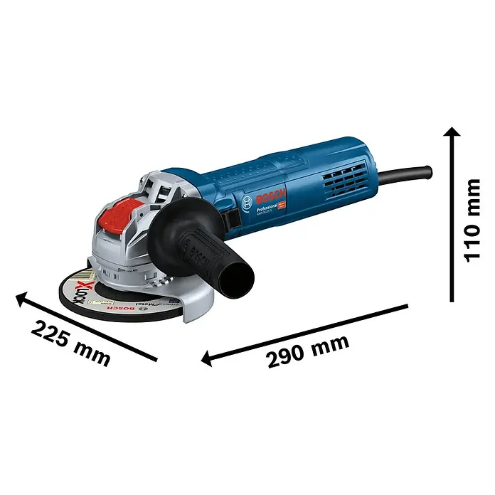 Bosch Professional X-Lock Elektro-Winkelschleifer GWX 9-125 S - 900 W, Durchmesser Scheibe: 125 mm, Leerlaufdrehzahl: 2.800 U/min - 11.000 U/min - Abbildung eines Bosch Professional GWX 9-125 S Winkelschleifers, der durch seine blaue Farbe und die angegebenen Maße von 225 x 290 x 110 mm auffällt.