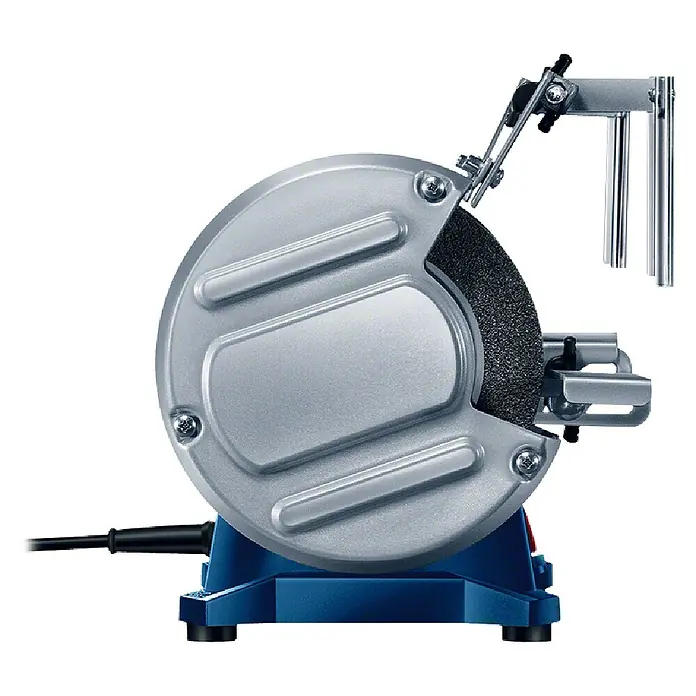 Bosch Professional Elektro-Doppelschleifer GBG 35-15 - 350 W, 3.000 U/min - Detailaufnahme einer Werkbank-Schleifmaschine mit Schleifscheibe, Schutzvorrichtung und Werkstückauflage. Ideal für Werkstattarbeiten.