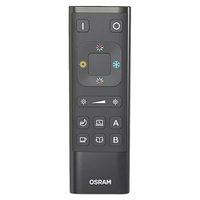 Osram Smart+ Fernbedienung USB - Passend für: Lichtsteuerung, Smart Home System, Schwarz - Nahaufnahme einer Osram-Fernbedienung mit verschiedenen Tasten zur Steuerung von Lichteinstellungen und -modi.