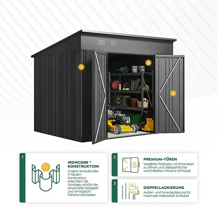 Hoggar Gerätehaus Pioneer Y70 - Außenmaß inkl. Dachüberstand (B x T): 256 x 221 cm, Anthrazit, Stahl, 5,66 m² - Gartenschuppen mit Ironcore Konstruktion, Premium Türen und Doppellackierung für maximale Haltbarkeit.