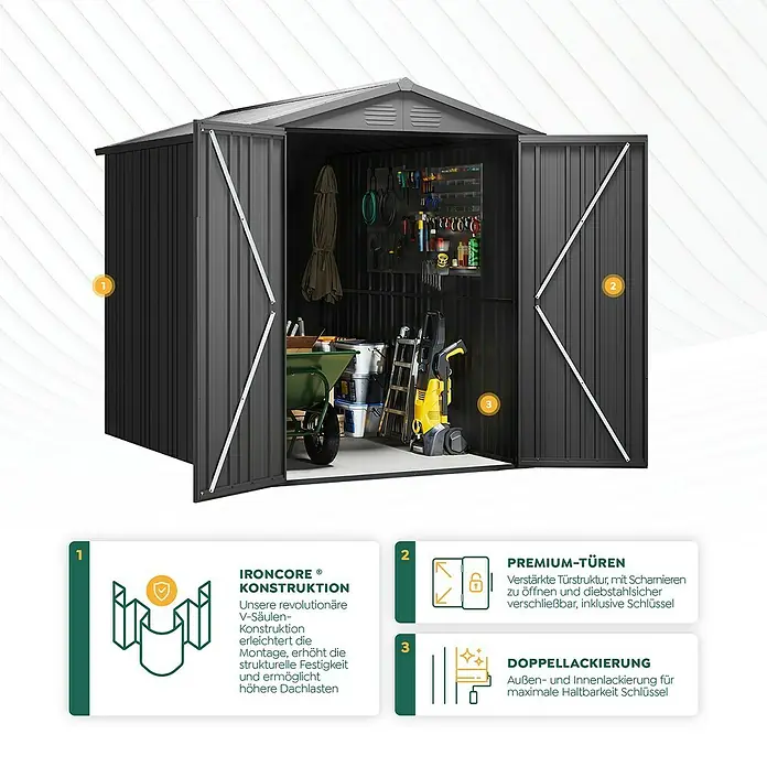 Hoggar Gerätehaus Pioneer Y50 - Außenmaß inkl. Dachüberstand (B x T): 168 x 256 cm, Anthrazit, Stahl, 4,3 m² - Gartenschuppen mit Ironcore-Konstruktion, Premium-Türen und Doppellackierung für maximale Haltbarkeit und sichere Aufbewahrung von Gartengeräten.