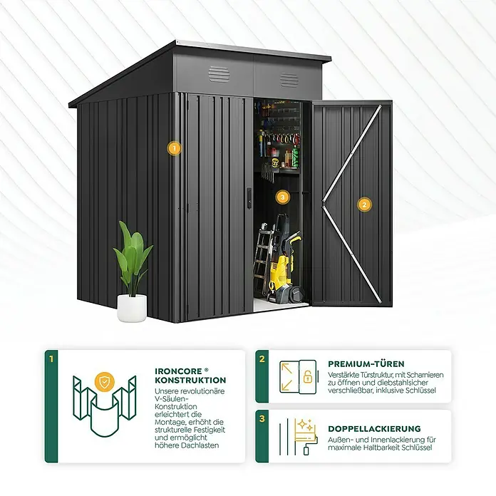 Hoggar Gerätehaus Pioneer Y30 - Außenmaß inkl. Dachüberstand (B x T): 162 x 174 cm, Anthrazit, Stahl, 2,82 m² - Produktabbildung eines Gerätehauses mit robusten Eisenkernstruktur, Premium-Türen mit Schloss und doppelter Lackierung für lange Haltbarkeit.