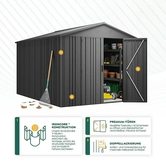 Hoggar Gerätehaus Pioneer Y90 - Außenmaß inkl. Dachüberstand (B x T): 262 x 303 cm, Anthrazit, Stahl, 7,94 m² - Bild einer modernen, anthrazitfarbenen Gerätehaus mit Premium-Türen, doppelter Lackierung und Ironcore-Konstruktion für Stabilität.