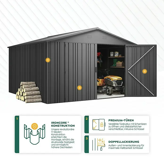 Hoggar Gerätehaus Pioneer Y130 - Außenmaß inkl. Dachüberstand (B x T): 356 x 350 cm, Anthrazit, Stahl, 12,46 m² - Bild eines schwarzen Gerätehauses mit doppelten Premium-Türen, Ironcore-Konstruktion und doppelter Lackierung für maximale Haltbarkeit.