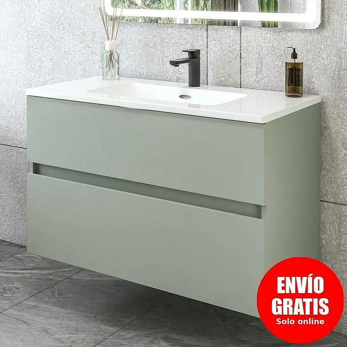 Disbain Conjunto de mueble de baño Kuntur - Ancho: 100 cm, Verde té, Mate - Moderno mueble de baño con dos cajones y encimera blanca, incluyendo grifo y decoración.