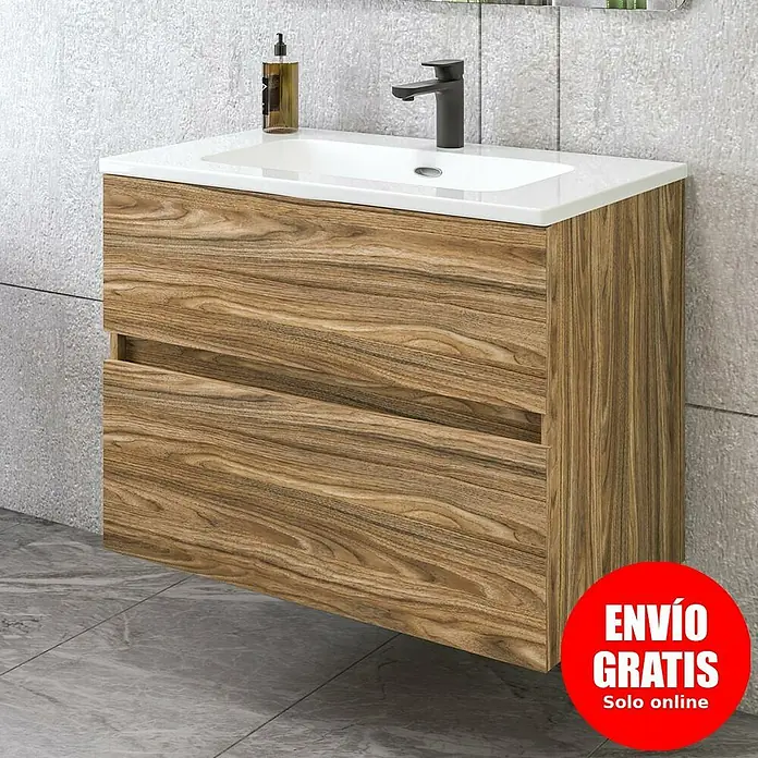 Disbain Conjunto de mueble de baño Kuntur - Ancho: 80 cm, Palisandro, Mate - Moderno conjunto de mueble de baño con textura de madera y detalles blancos, ideal para un baño elegante.